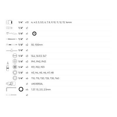 COFFRET À OUTILS DE 46 PIÈCES AVEC DOUILLES HEXAGONALES 1/4" – FINITION ZINGUÉE