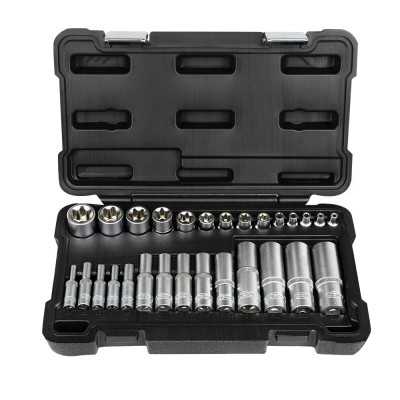 SET DE 28 DOUILLES TORX COURTES ET LONGUES 1/2", 1/4" ET 3/8" – FINITION ZINGUÉE