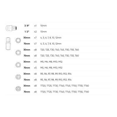 COFFRET D’OUTILS DE 75 PIÈCES AVEC EMBOUTS HEXAGONAUX, XZN, RIBE, TORX ET TORX INVIOLABLES 1/2" 3/8"
