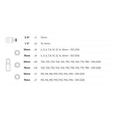 COFFRET D’OUTILS DE 55 PIÈCES AVEC EMBOUTS HEXAGONAUX, 12 PANS ET TORX ET ADAPTATEURS 1/2" ET 3/8"