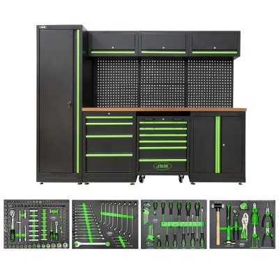 ENSEMBLE DE MEUBLES MODULAIRES POUR GARAGE (18 PCS) + JEU DE 4 MODULES EVA CARBONE POUR OUTILS