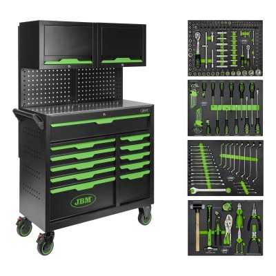 SERVANTE À OUTILS 11 TIROIRS - VERTE - EQUIPÉE - AVEC PANNEAU PERFORÉ ET ARMOIRES HAUTES