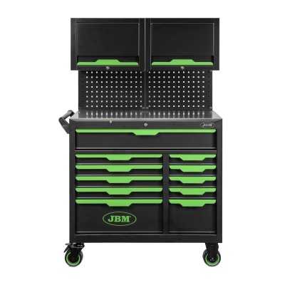 SERVANTE À OUTILS 11 TIROIRS - VERTE - EQUIPÉE - AVEC PANNEAU PERFORÉ ET ARMOIRES HAUTES