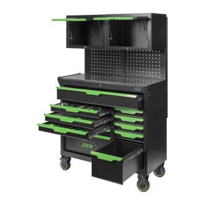 SERVANTE À OUTILS 11 TIROIRS - VERTE - EQUIPÉE - AVEC PANNEAU PERFORÉ ET ARMOIRES HAUTES