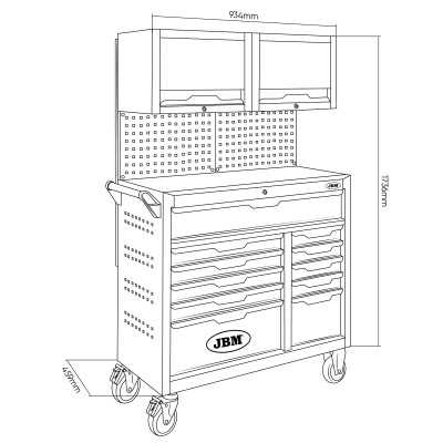 SERVANTE À OUTILS 11 TIROIRS - VERTE - EQUIPÉE - AVEC PANNEAU PERFORÉ ET ARMOIRES HAUTES