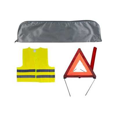 KIT DE SÉCURITÉ + POCHETTE MINIE GRIS + GILET FLUO + TRIANGLE DE PRESIGNALITSATION