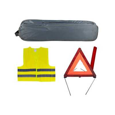 KIT DE SÉCURITÉ + POCHETTE GRIS AVEC RIVET + GILET FLUO + TRIANGLE DE PRESIGNALITSATION