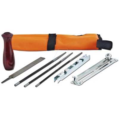 Kit d'affûtage en trousse enroulable, limes de 4, 4,8 et 5,5 mm, lime plate, gabarit de limiteur de profondeur, manche de lime, 